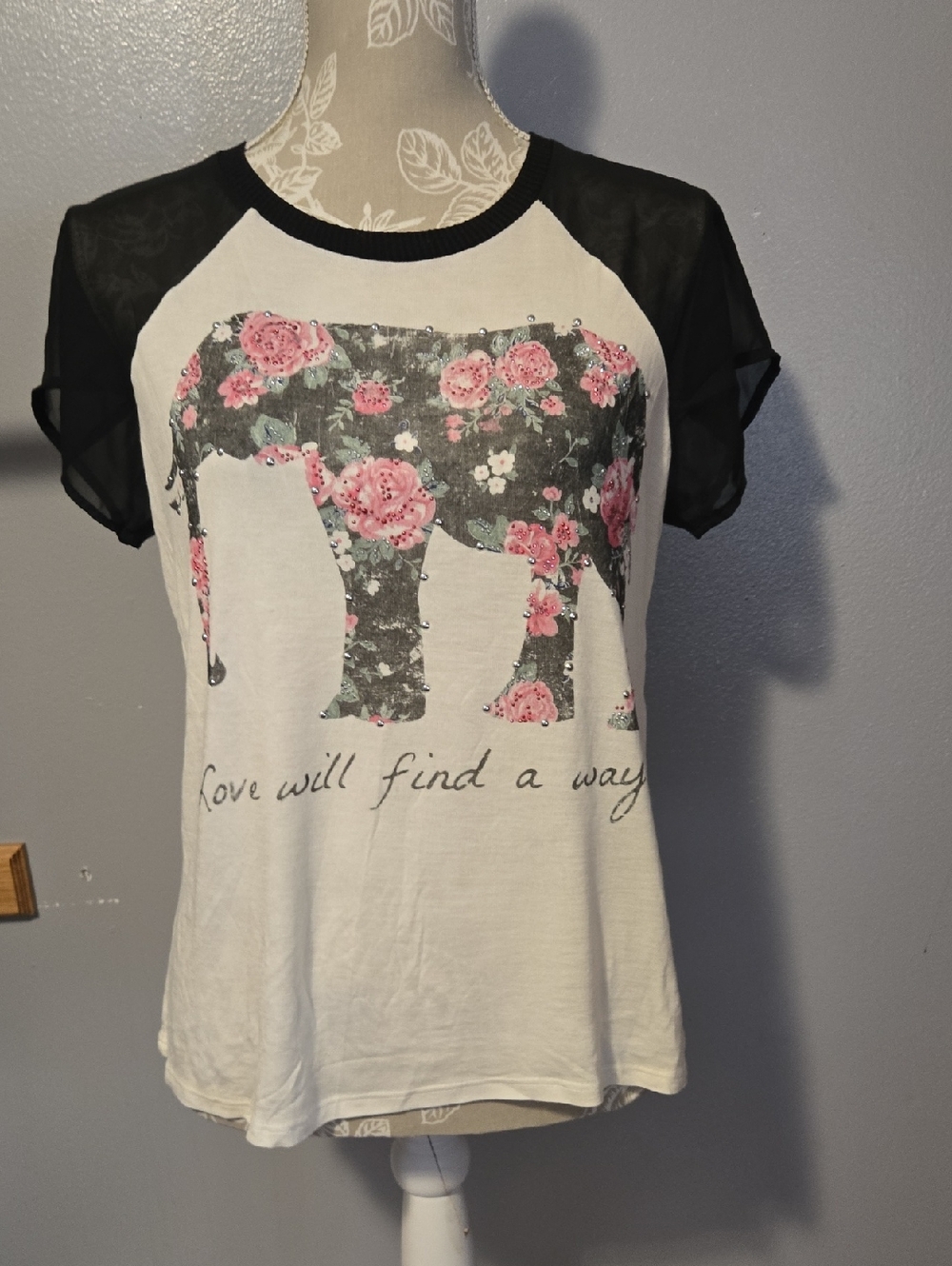 The Classic Floral Elephant Raglan Tee - Black & White with Pink Accents